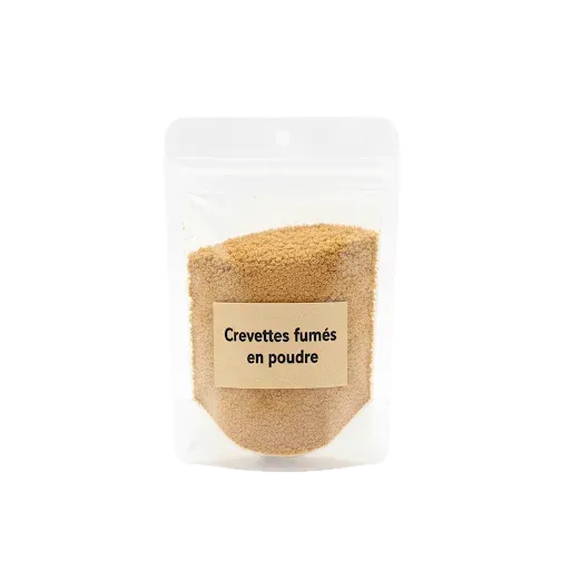 Crevettes fumées en poudre - Ajoutez Saveur Intense dans un sachet refermable transparent, parfait pour l’assaisonnement culinaire.